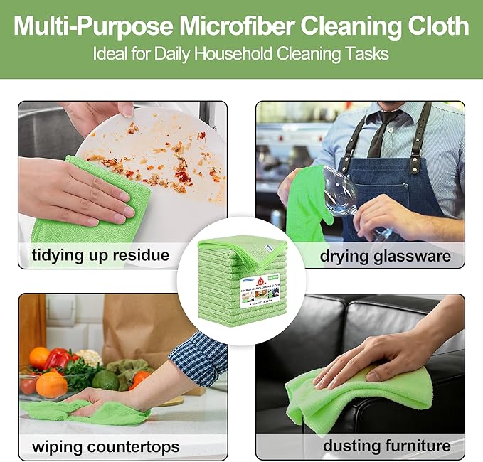 Microfiber Cleaning Cloth, 12 Pack Green Cleaning Rags,12" X 11" Lint Free Dish Towels Wash Cloths, Reusable Microfiber Towels for Home and Kitchen Bathroom Apartment Cleaning Supplies