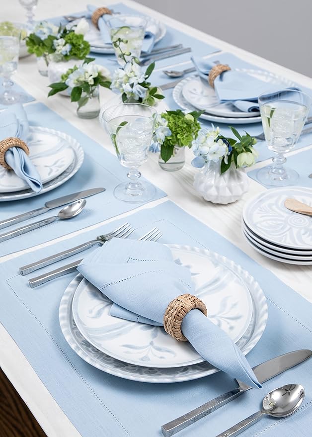 Solino Home Linen Placemats Set of 4 - Classic Hemstitch Sky Blue Placemats 14 x 19 Inch - 100% Pure Linen Table Mats for Spring, Summer, Mothers Day