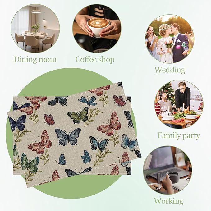 Vintage Colourful Butterfly Placemats Set of 6, Washable Heat Resistant Table Mat Linen Place Mats for Party Kitchen Dining Home Decor 12x18 Inch