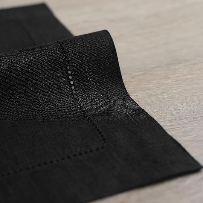 Solino Home Black Linen Napkins Set of 6-100% Pure Linen Hemstitch Dinner Napkins 20 x 20 Inch for Spring, Summer, Mothers Day - Classic Hemstitch