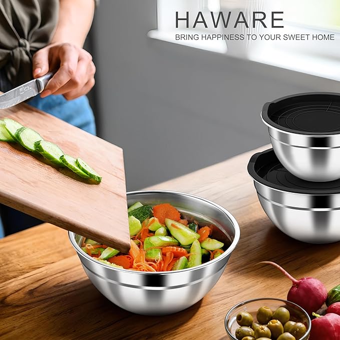 HaWare Mixing Bowls with Airtight Lids, 6-Piece Stainless Steel Salad Bowls, Strong Nesting Bowls for Cooking, Prepping, Baking, Serving & Food Storage, Stackable Design, Size 4.6, 3, 1.5QT, Black