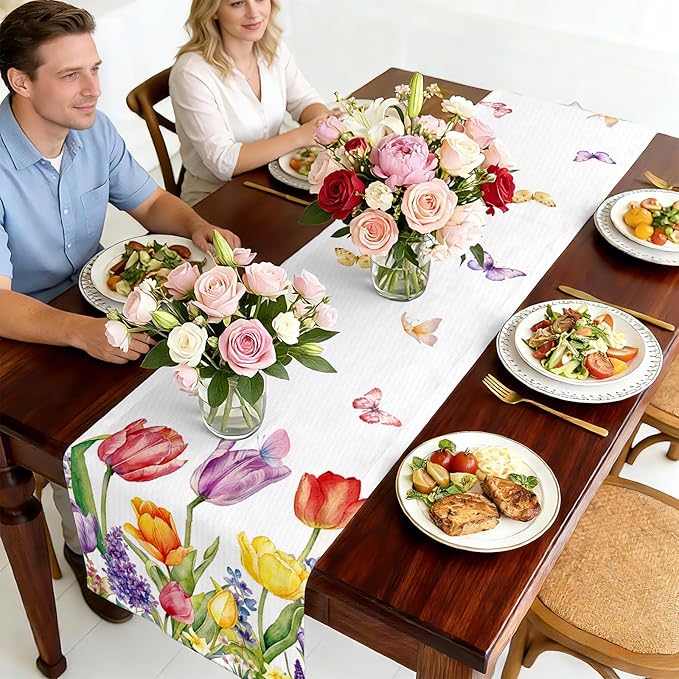 Tulips Table Runner, Spring Floral Table Runner 13x72 Inch, Pink Yellow Butterfly Pattern for Kitchen Dining Table, Indoor Outdoor Home Party Decor