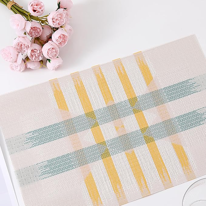 CADONO Placemats Set of 4 Washable Indoor/Outdoor Vinyl Place Mats for Dining Table Durable Non-Slip Heat Resistant PVC Weave Table Mats(Beige Green Cross)