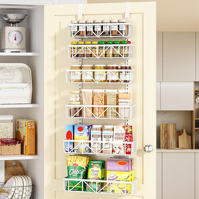 Delamu Adjustable Over the Door Pantry Organizer, 6-Tier Metal Pantry Organization and Storage for Kitchen, Hanging Spice Rack Seasoning Shelves, Cabinet Door Organizer for Easy Install, 16"
