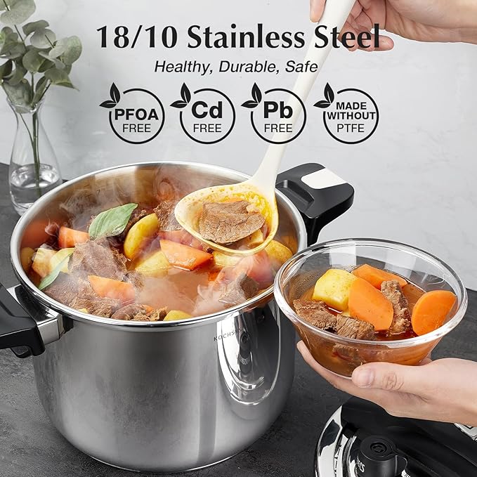 KOCH SYSTEME CS Stainless Steel Pressure Cooker 10.5 Quart, 3-in-1 Olla de Presion, One-Hand Locking, 3 PSI Settings Stovetop Pressure Pot, Induction Pressure Cooker, Glass Lid & Steamer, 10.5QT