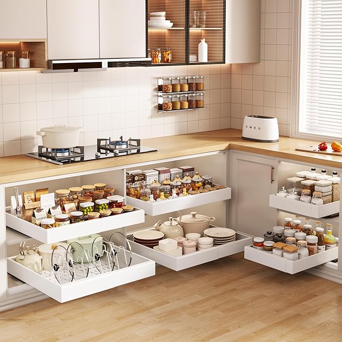 Seinloes 2 Pack Pull out Cabinet Organizer 21"Deep With Raising Pad for Framed Cabinets, Expandable Slide out Drawers for Kitchen Cabinets with 4pcs Divider Racks, Roll out Shelves 12.1"-20.4" W White