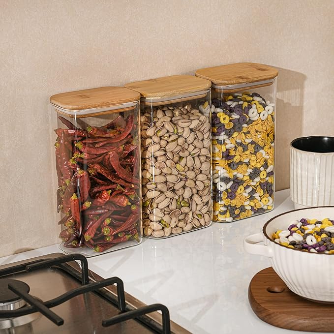 D2scrma 56oz Rectangle Airtight Glass Storage Containers with Bamboo Lids (Set of 4), Square Food Storage Jar, Pantry Organizers for Oats, Cereal, Pasta and Coffee beans (with Black Lable)