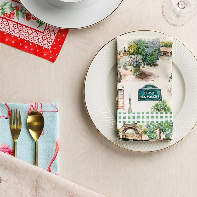 Maison d' Hermine Cloth Napkins Set of 4 100% Cotton Everyday Reusable Square Napkins Cloth Washable Dinner Party Wedding Restaurant Gifts for Mothers Day Spring/Summer (Paris Voyage, 18" x 18")