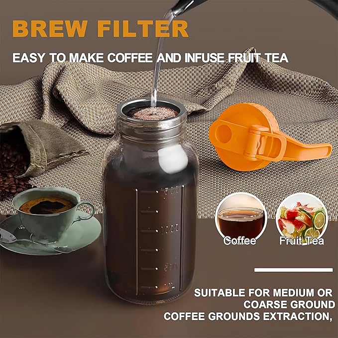 JunVpic Cold Brew Coffee Maker Jar - 64oz Thick Glass Multipurpose Mason Pitcher Spout Lid with Handle & Stainless Steel Filter for Iced Coffee, Lemonade, Ice Tea, Homemade Fruit Drinks Container