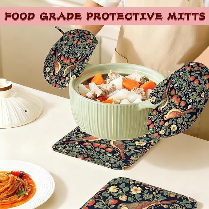 Retro Strawberry Bird Plant Flower Silicone Oven Mitts and Pot Holders,Heat-Resistant 4 Piece Kitchen Set Non-Slip Oven Gloves and Hot Pads for Cooking, Baking, Grilling,BBQ