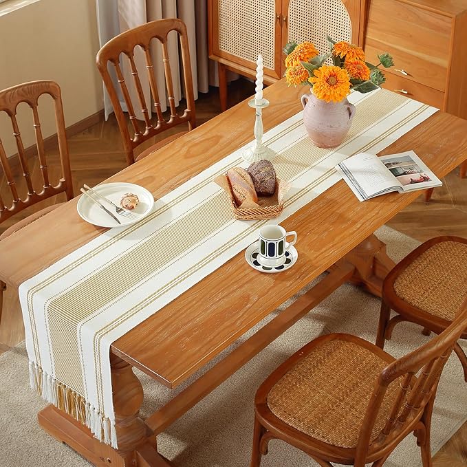 Niviy Gold Table Runner with Tassels, 90 Inches Long Farmhouse Macrame Cotton Linen Woven Runners for Summer Home Decor, Gold Table Decorations for Event Party, Christmas (Yellow, 12"×90")