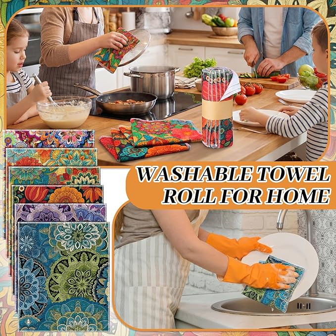 Redbaker 36 Pcs Reusable Paper Towels Rolls Towels Bulk Kitchen Washable Paperless Cloth Cotton Hand Napkins with Cardboard Reusable Napkins for Kitchen Bathroom (Boho Floral Style)