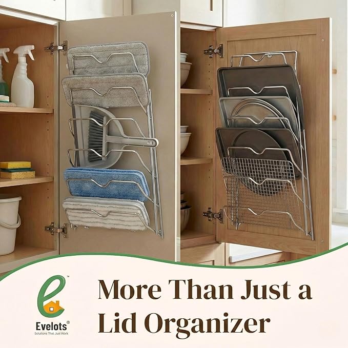 Evelots 6-Tier Pot Lid Organizer for Cabinet Door or Pantry Wall - Pots and Pans Lid Holder Rack - Glass or Metal Pan Covers Cabinet Organizer Kitchen Storage - Chrome Finished