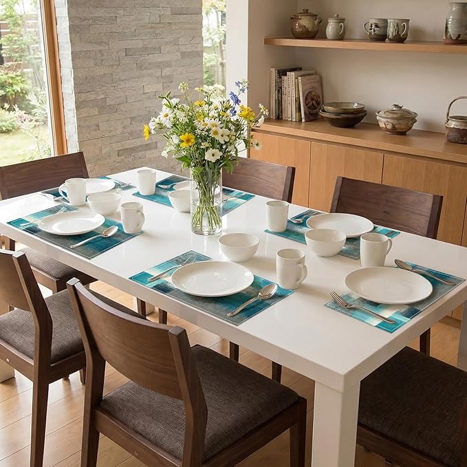 Emvency Farmhouse Placemats Set of 6,12x18 Inch Linen Rectangular Place Abstract Modern Teal Blue Coastal Table Mats for Indoors & Outdoor Home Party Kitchen Dining Decoration