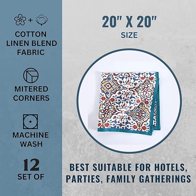 FINGERCRAFT Cloth Napkins, Set of 12 Cotton Linen Blend Printed Dinner Napkins Cloth Mitered Corner Perfect for Parties Dinners Weddings Cocktail Christmas Easter 20x20 Antique