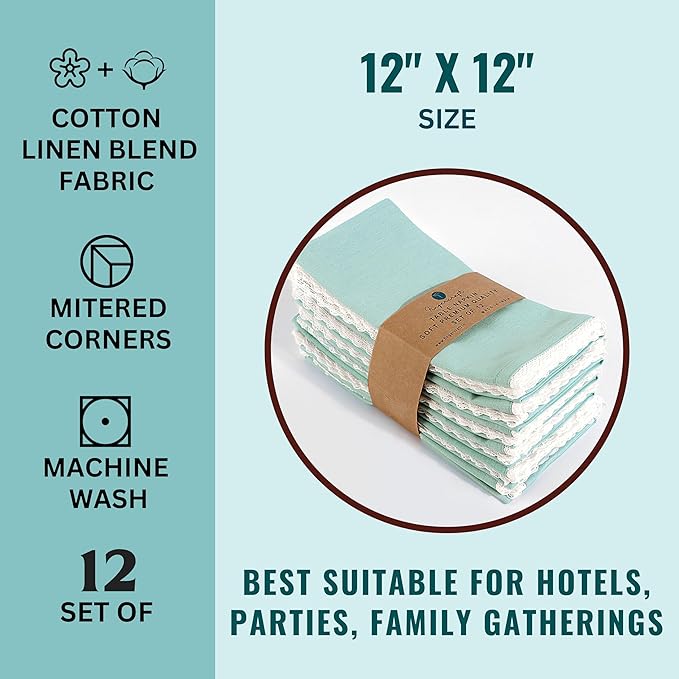 Fingercraft Dinner Cloth Napkin Cotton Linen Blend 12 Pack Mitered Corners with Elegant Lace for Everyday Use Napkins are Pre Shrunk and Good Absorbency (Aqua, 12in x 12in) Easter Color