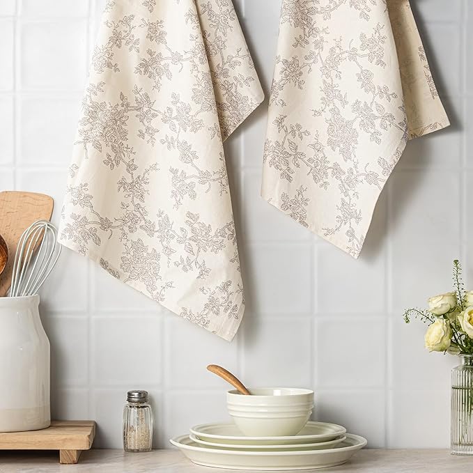 100% Cotton French Pastoral Kitchen Towels Set of 2, Decorative Flour Sack Tea Towels with Hanging Loop 18x25 Inch Absorbent Dish Cloths Farmhouse Home Decor, Grey