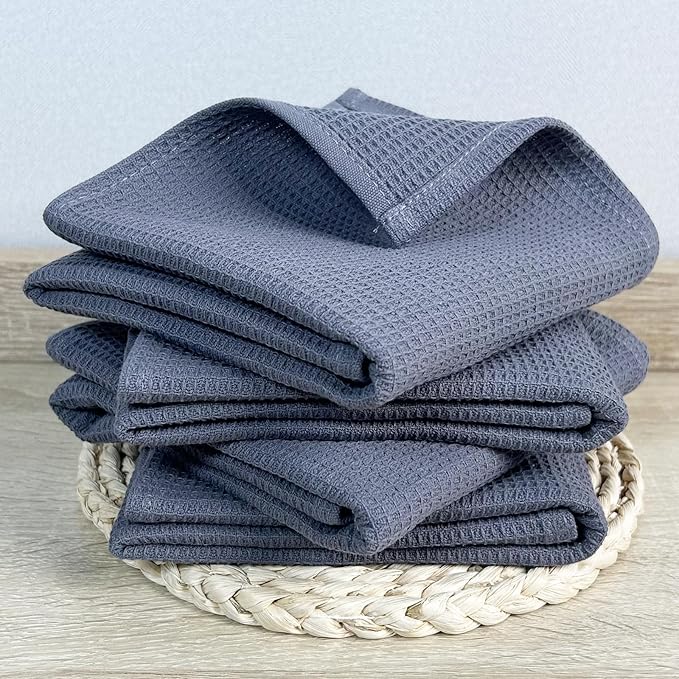 PY HOME & SPORTS Dish Towels Set - 17 x 25 Inches 4 Pieces Grey 100% Cotton Waffle Weave Kitchen Towels, Absorbent Kitchen Hand Dish Cloths for Cleaning and Drying