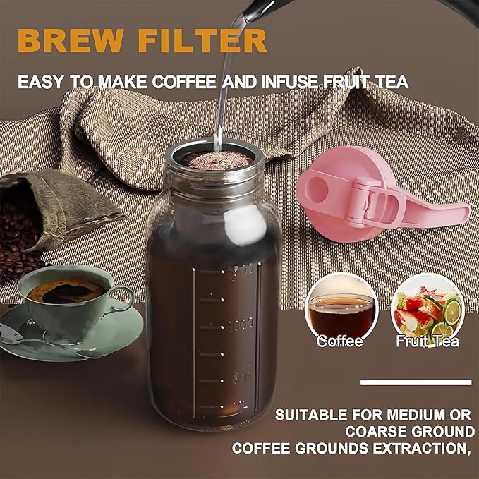 JunVpic Cold Brew Coffee Maker Jar - 64oz Thick Glass Multipurpose Mason Pitcher Spout Lid with Handle & Stainless Steel Filter for Iced Coffee, Lemonade, Ice Tea, Homemade Fruit Drinks Container