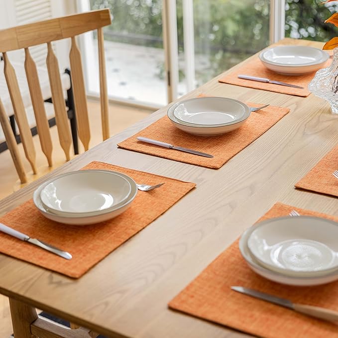 Demetex Orange Placemats Set of 6 Linen Place Mats Modern Washable Table Plate Mats for Dinner Banquet Buffet Restaurant Dining Room, 13x19 inch, Orange
