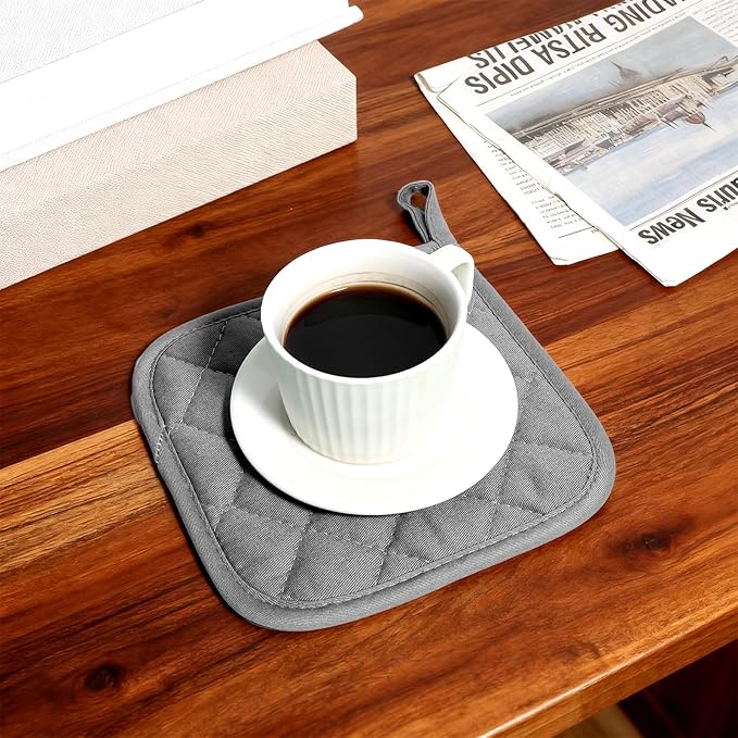 2 Pcs Cotton Pot Holders, 18 cm / 7-Inch Square Potholders for Kitchen, Heat-Resistant Pots Holder, Non Slip Kitchen Pot Holders Cotton Lining Hot Pads for Baking Cooking Oven (Gray)
