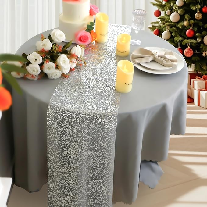 Snowkingdom 20Ft Silver Table Runner, Sparkly Foil Mesh Crackle Metallic Glitter Table Runner, Silver Dining Centerpieces Decorations for Wedding Birthday Christmas Holiday Party Decor 240Inch