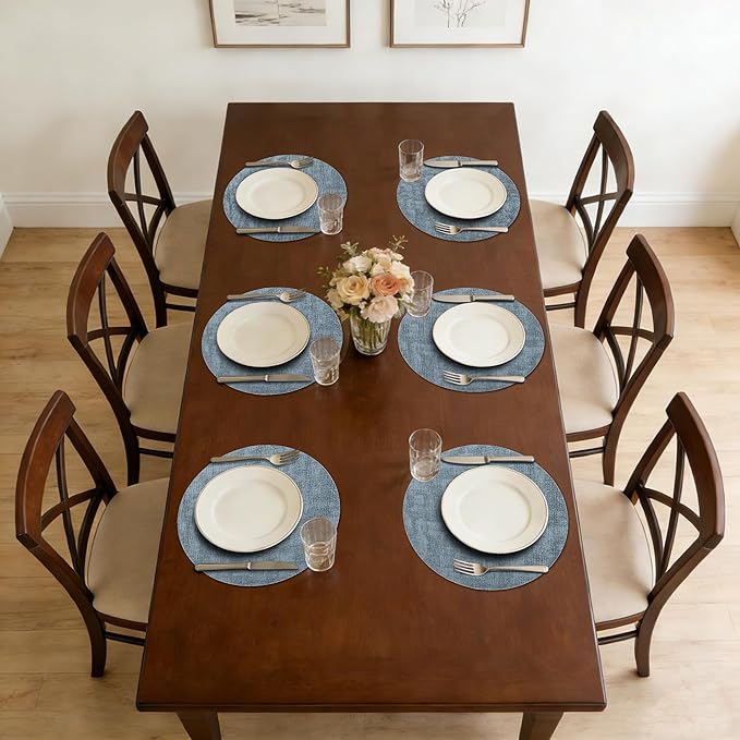 Maxpearl Round Placemats Set of 6, 13.8 inch Faux Leather Heat Resistant Table Mats, Non Slip Waterproof Wipeable Place Mats for Kitchen Dining Holiday Party Table Settings, Blue