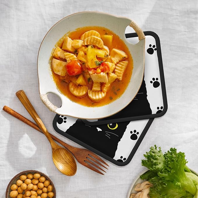 Cute Black Cats Pot Holders Set of 2,Kitchen Heat Resistant Potholder for Microwave Cooking Baking Oven and BBQ