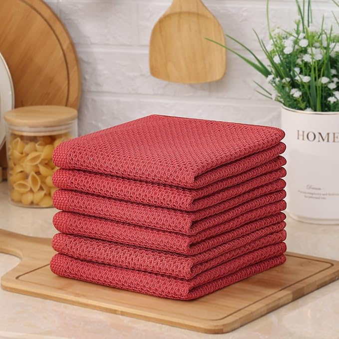 Kitinjoy 100% Cotton Kitchen Dish Cloths (12 X 12 Inches, Brick Red), 6 Pack Waffle Weave Ultra Soft Absorbent Dish Towels for Drying Dishes Quick Drying Kitchen Towels Dish Rags