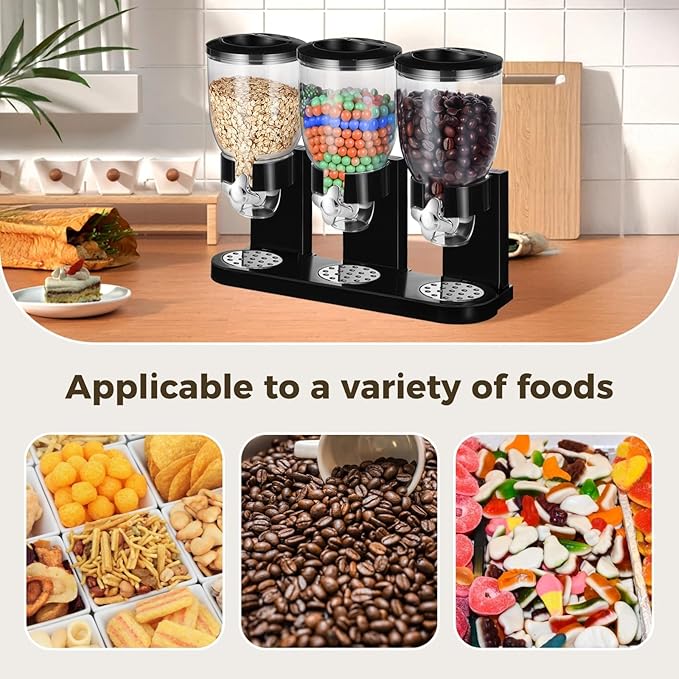 Triple Food Dispenser, 3 Pack 2L/67oz Cereal Dispenser Countertop, Cereal Containers Storage Airtight, Rotating Black Plastic Dry Food Dispenser, Candy Dispenser for Cereal, Rice, Candy, Coffee Beans