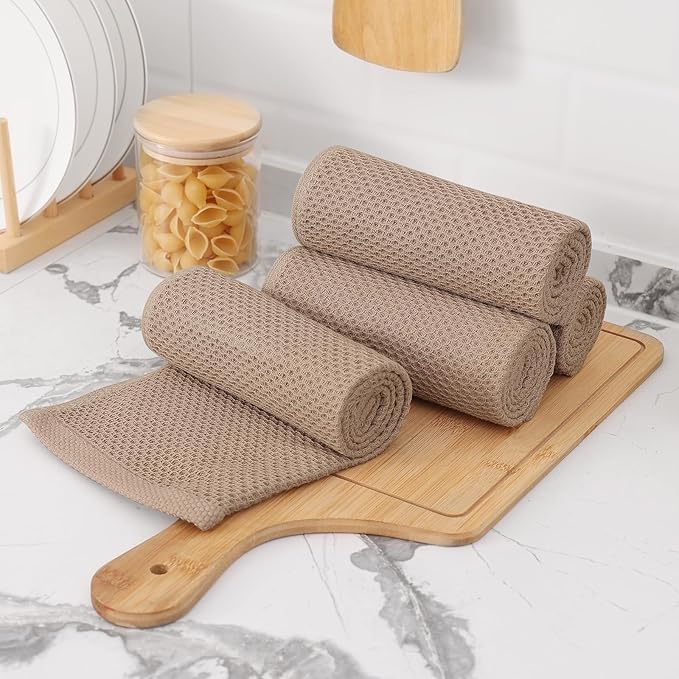 Kitinjoy 100% Cotton Waffle Weave Kitchen Hand Towels (13 X 28 Inches, Tan), 4-Pack Super Soft and Absorbent Dish Towel for Drying Dishes