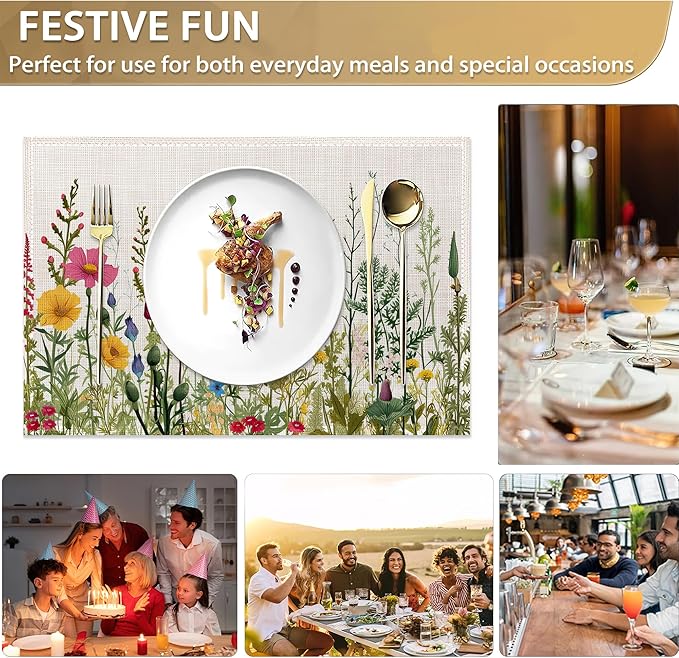 Set of 6 Washable Herbs and Wild Flowers Placemats Non-Slip Heat-Resistant 12x18 Inch Thick Decorative Linen Table Mats for Dining Table Home Décor