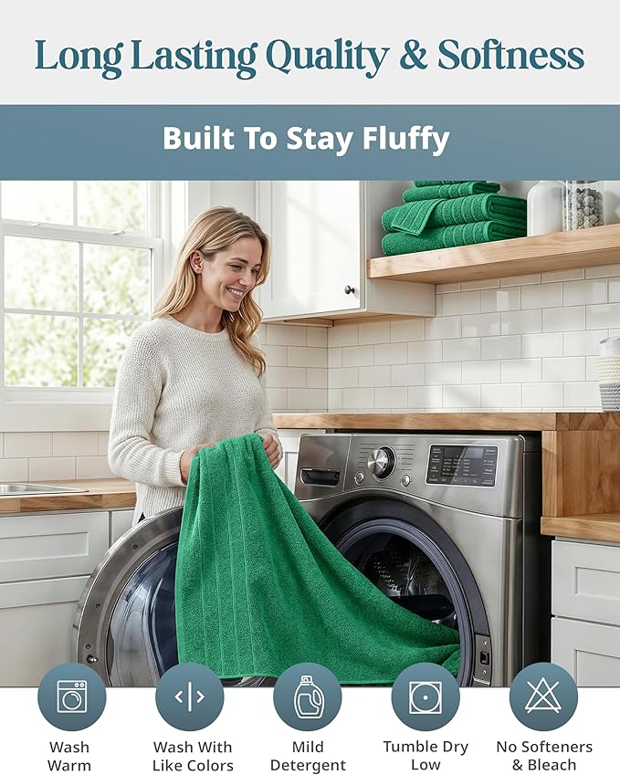Casa Platino 100% Mercerized Cotton Bathroom Towel Set - 8 Pieces, Hotel Quality - Super Soft & Highly Absorbent - Ring Spun - 2 Large Bath Towels, 4 Washcloths, 2 Hand Towels - Family Pack - Emerald