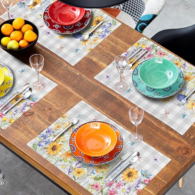 Giwawa Spring Floral Placemats, 12"x18" Summer Flowers Grey Checkered Linen Table Mats Set of 4, Watercolor Wildflower Butterfly Washable Heat Resistance for Seasonal Kitchen Dining Decor