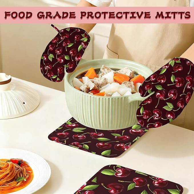 Red Cherry Heat-Resistant Silicone Oven Mitts and Pot Holders,Long Oven Gloves with Non-Slip Grip for Cooking, Baking, Grilling,BBQ