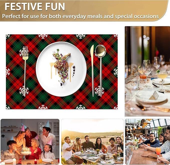 Set of 6 Washable Red Green Plaids Placemats Non-Slip Heat-Resistant 12x18 Inch Thick Decorative Retro Christmas Plaid Linen Table Mats for Dining Table Home Décor