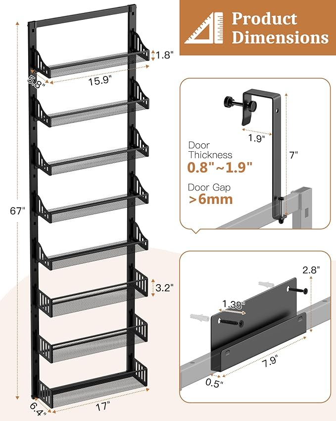 POKIPO 8-Tier Over the Door Pantry Organizer, Large Metal Door Spice Rack with Adjustable Basket, 2 in 1 Wall Mount or Hanging Heavy-Duty Pantry Door Storage Shelf for Kitchen and Bathroom, Black
