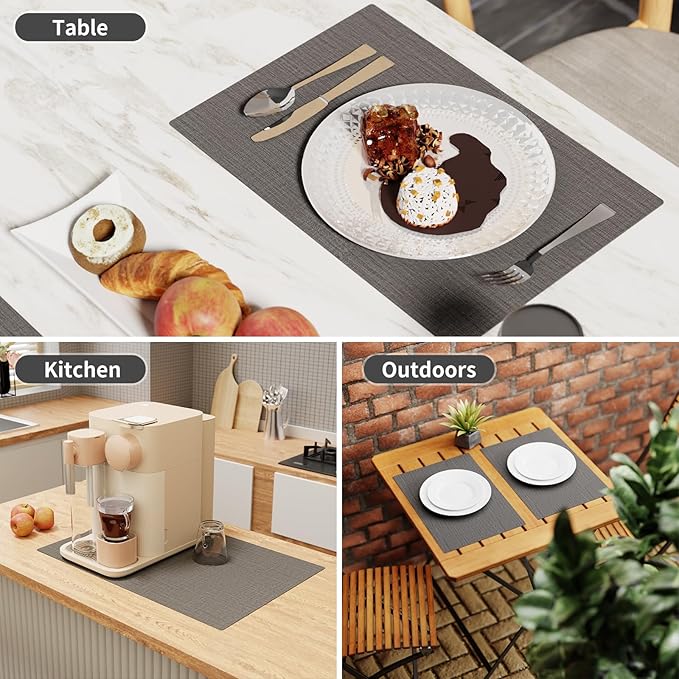 Cloth Placemats, Set of 6 Heat-Resistant Cotton Linen Blend Double Layered Machine Washable Place Mats, Wrinkle Free Thick Fabric Dining Table Mats for Indoors & Outdoors (Dark Grey, 6)