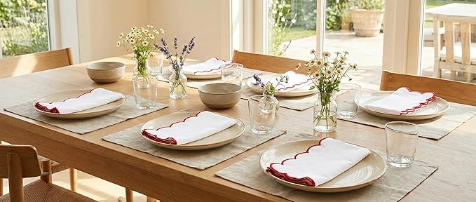 PurpleEssences Scalloped Embroidery Cloth Napkins - Spring Easter Summer - Table Decor - 100% Cotton - Set of 4-18x18 inch - White - Edges - Red