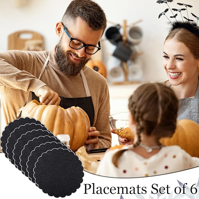 Set of 6 Round Placemats 15 Inch Cotton Scalloped Embroidery Placemat Washable Double Layered Rustic Dinner Table Mat Decor Fabric for Hotel Restaurant Kitchen(Black/White,Classic)