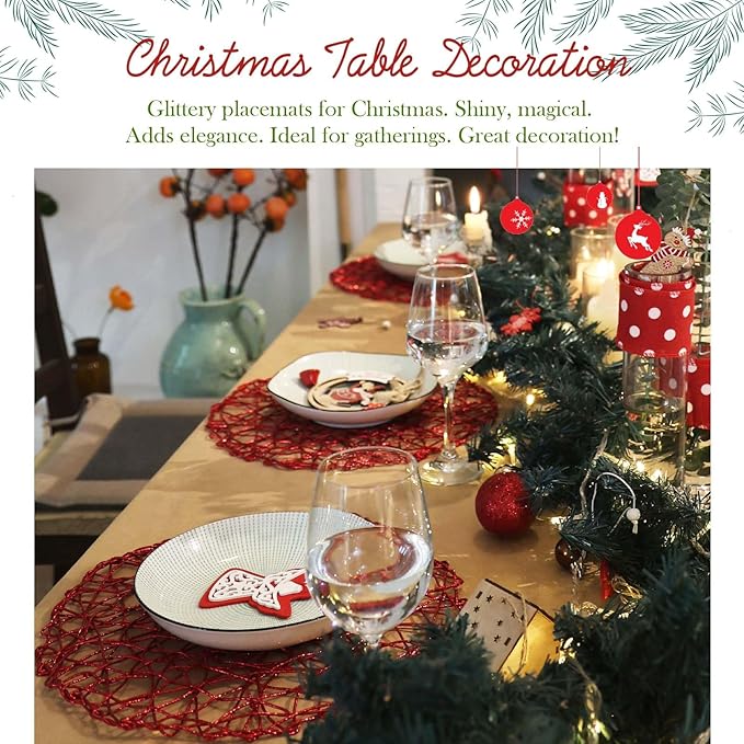 AHHFSMEI Paper Braided Round Placemats Set of 12 Natural Non-Slip Heat Resistant Table Mats for Dining Tables Woven Indoor & Outdoor Place mats (Red)