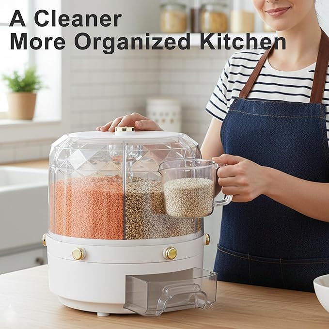 6-Compartment Rotating Grain Dispenser for Kitchen Pantry, One-Press Dry Food Storage Container for Rice, Beans, Oats, Cereal, Clear Multi-Section Food Organizer