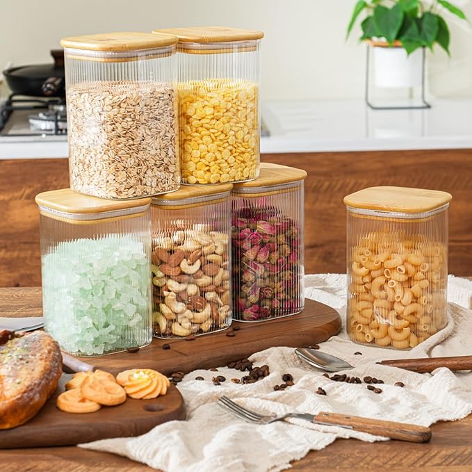 D2scrma 37oz Airtight Glass Square Storage Canisters with Bamboo Lids Set of 6 (1100ml) Striped Stackable Containers, Decorative Kitchen Jars for Tea, Nuts and Coffee (with Black Lable)