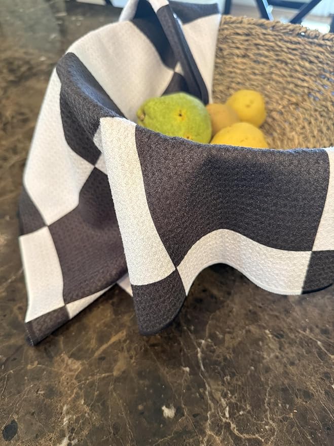 || 2 Pack|| Double Sided Dish Towels || Waffle Weave Microfiber || Highly Absorbent || Hanging Loop || Dish Cloths || Modern || Designer Prints|| Black Checker