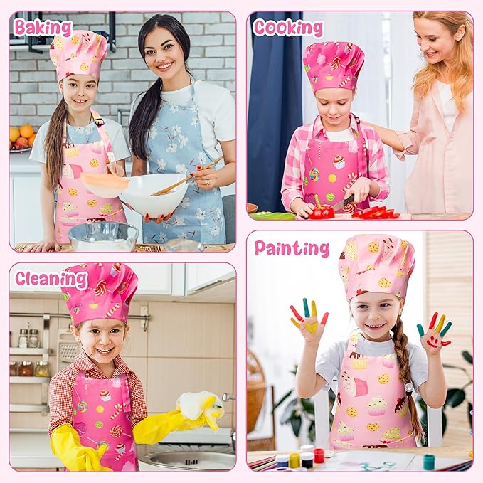 GROBRO7 4Pcs Kids Apron and Chef Hat Set Gift for Girls Boys, Cookie Cupcake Candy Prints Kitchen Pretend Play Child Pink Adjustable Aprons with 2 Pockets Waterproof Smocks for Baking Cooking Painting