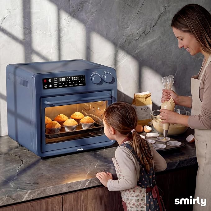 SMIRLY Digital Air Fryer Toaster Oven Combo, 27QT Convection Countertop Oven, 10-in-1 Multi-Function Fits 12" Pizza & 6 Slices of Toast, Stainless Steel, Blue