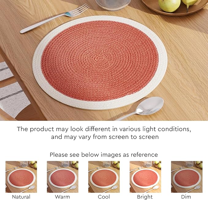 Encasa XO Dining Placemats Set of 4 | Cotton Round Table Mat - 13 in Diameter | Coral & Off White | Handmade Rib Style Chargers for Dinner Plates