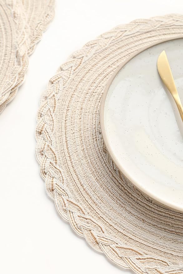 Floroom 15 Inch Round Braided Placemats Set of 4, Washable Heat Resistant Cotton Polyester Circle Boho Place Mats for Kitchen Dining Table - Canvas Beige Bordered
