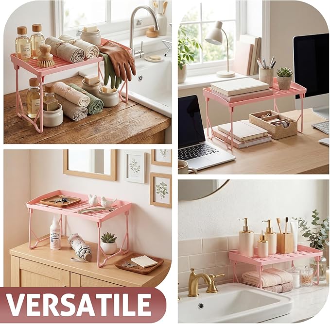 6 Pack Pink Stackable Plastic Kitchen Storage Shelf Foldable Racks, Pantry Shelf Cabinet Organizers, Expandable Storage Rack for Cabinet Fridge Bathroom (Plastic)