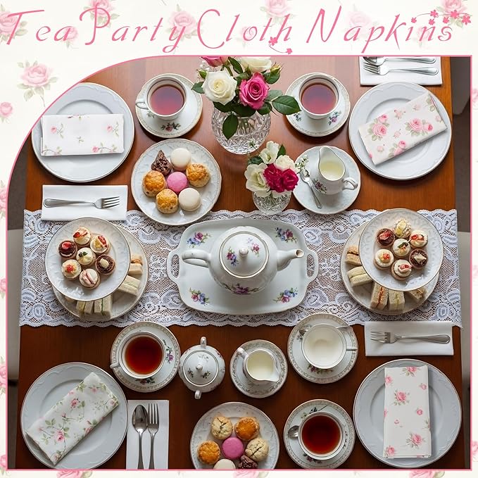 Floral Cloth Napkins 6 Patterns Washable Dinner Tea Party Napkins Reusable Plant Flowers Square Napkin Cotton Towel Decorative for Spring Wildflower Party(Pink Rose,24 Pcs)